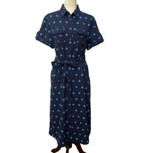 Draper James Polka Dot Midi Shirt Dress Button Front Tie Women's sz 6  Navy Blue